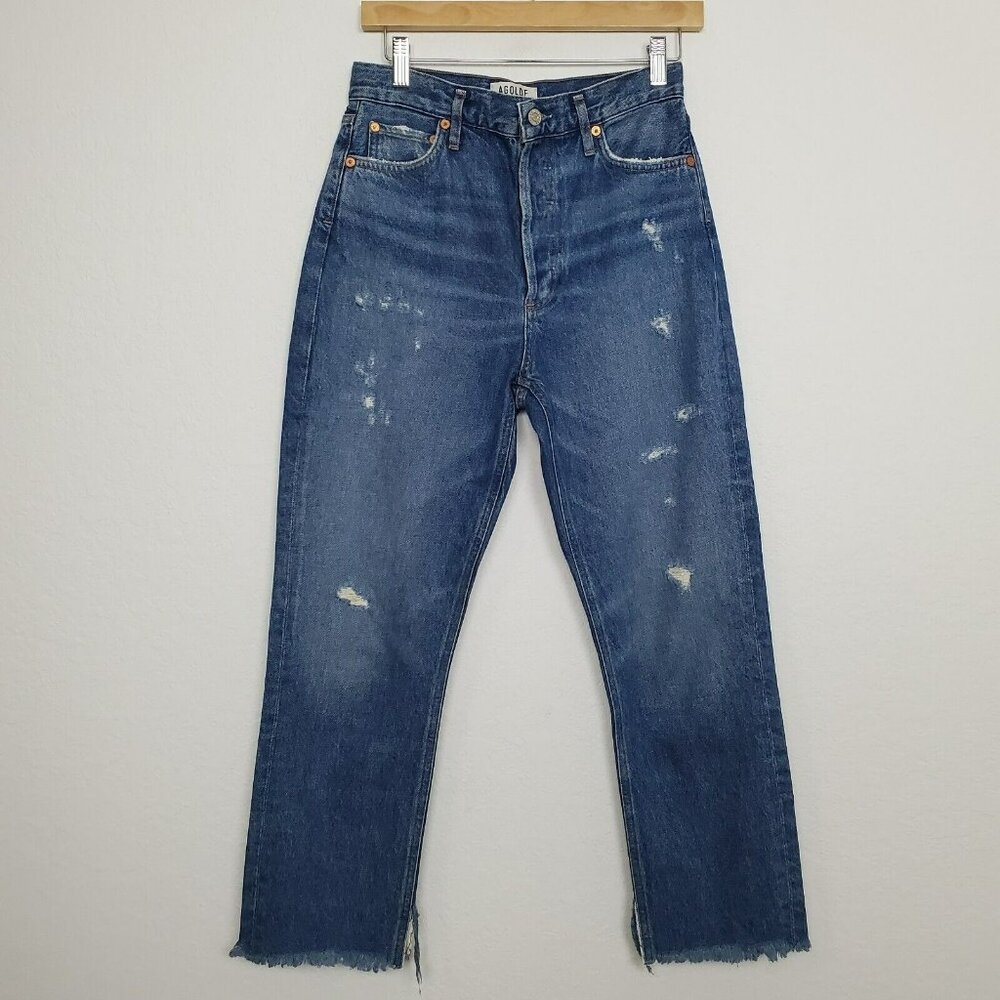 AGOLDE Womens Riley Straight Jeans Size 27 Raw‎ Hem Distressed Medium Wash